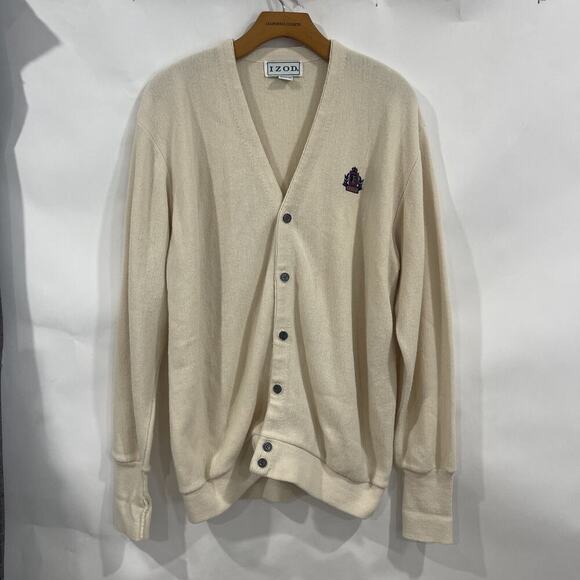 VTG 90s IZOD Knit Cardigan Sweater Men XL Cream Acrylic Crest Logo Made in USA - Picture 1 of 8